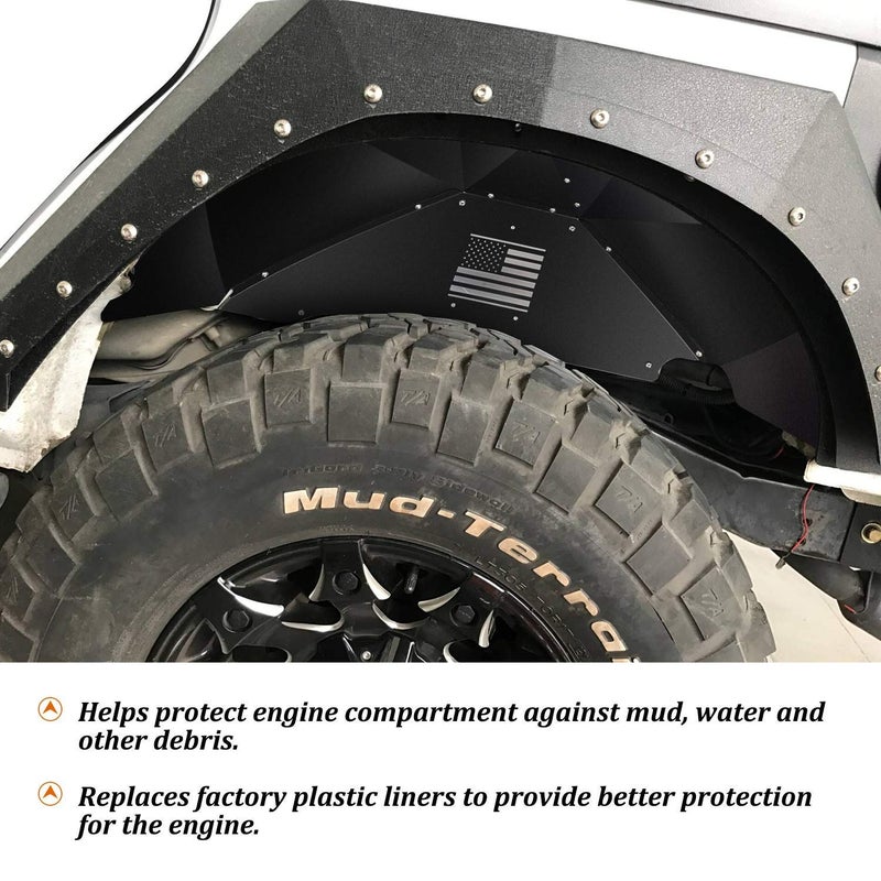 SMALLFATW Aluminum Rear Inner Fender Liner Compatible with 2007-2018 Wrangler JK JKU, US Flag Pattern, Great Fitting&Easy to Install, JK Accessories, Black 2PCS - Image 2